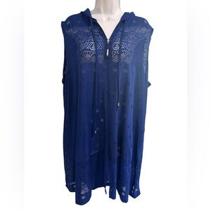 Laser Cut Full Zip Front Hooded Royal Blue/Purple Swim Cover Up Stretchy 1X